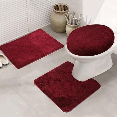 #ad 3 Piece Bathroom Rug Set Soft Bath Mat Non Slip Pedestal Bath Toilet Seat Cover $25.99