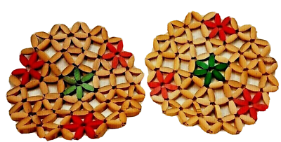 #ad Colored Wooden Beaded Trivets Red Green Natural Set of two $13.50