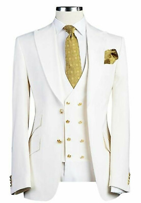 #ad Men White Designer Gold Button Wedding Grooms Dinner Suit CoatVestPants $175.49