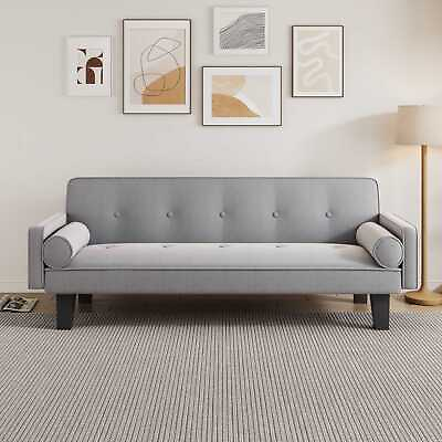#ad Modern 72quot; living room convertible Light grey cotton linen sofa bed w 2 pillows $277.35