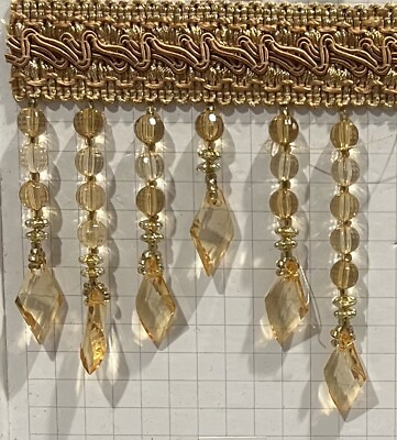 #ad Gold Teardrop Beads Fringe W gimp Trimming 4” wide Sold By The Yard $12.99