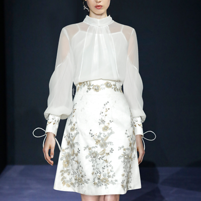 #ad Women Floral Embroidery Runway Long Puff Sleeve Top Shirt Skirt 2PCS suits Dress $138.74