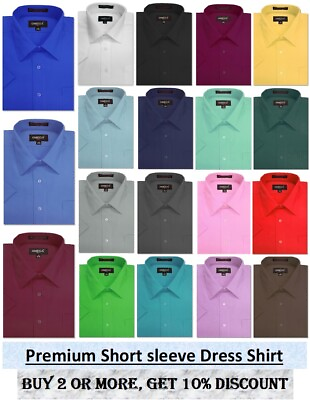 #ad Mens Solid SHORT SLeeve Premium Regular fit Dress Shirts 26 colors size S 5XL $22.99