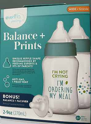 EVENFLO 2 Pack WIDE NECK Balance Prints Baby Bottles 9oz amp; 1 Pacifier $21.99