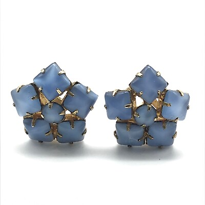 #ad Vintage Blue Star Flower Shape Starburst Gold Tone Ladies Clip On Earrings $24.99