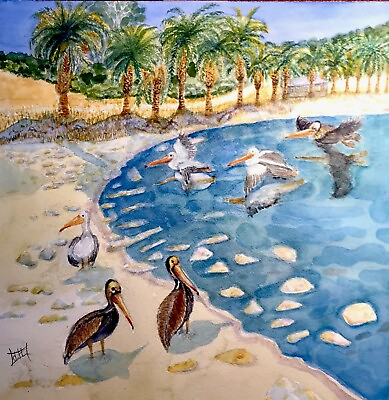 #ad WATERCOLOR ORIGINAL 12x12 Refugio Beach CA Pelicans Impressionism Art Painting $135.00