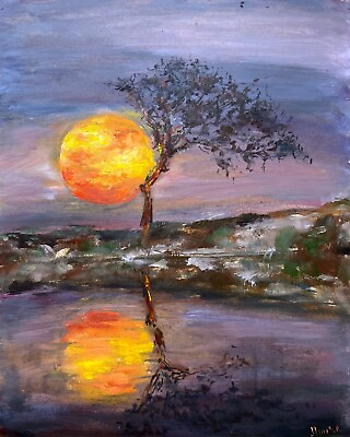 #ad Africa Painting Savannah Original Art Moon Landscape Oil Desert Artwork by Muura $95.00