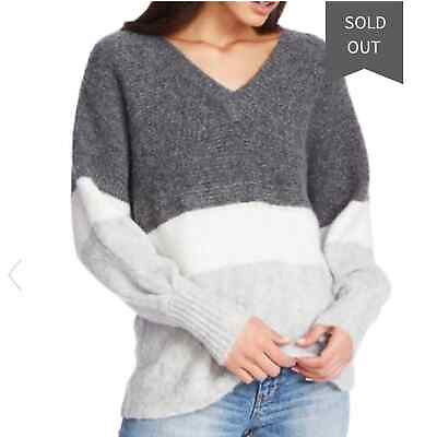 #ad NWT 1.State Stripe V Neck Tunic Sweater Size M Grey Silver White Colorblock $20.23