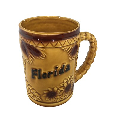 #ad Souvenir Mug Florida Palm Tree Gold Brown Vintage Mid Century 3D Palm Flower $12.43