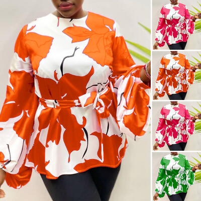 #ad M 5XL Women Floral Print Long Sleeve Casual Loose Swing Blouse Belted Tops Shirt $21.61
