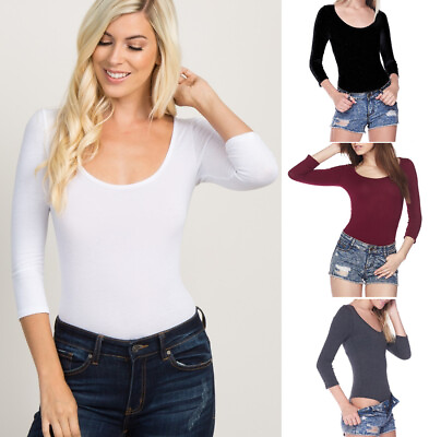 #ad Women#x27;s Scoop Neck Bodysuit 3 4 Sleeve Basic Solids Stretch Cotton Knit Thong $7.49