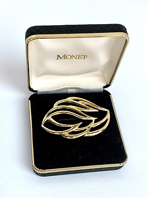 #ad Monet Gold Toned Open Leaf Brooch Pin In Original Box 2.5”x1.75” 3.1oz Vintage $15.00