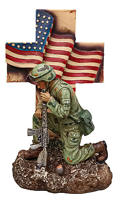 #ad #ad Military War Hero Soldier With Rifle By American Flag Cross Memorial Figurine $39.99