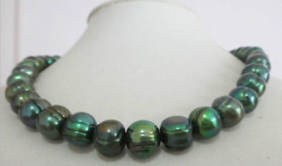 #ad Stunning TAHITIAN 10 11MM BLACK PEACOCK GREEN PEARL BEADS NECKLACE 18inch 14k $25.19