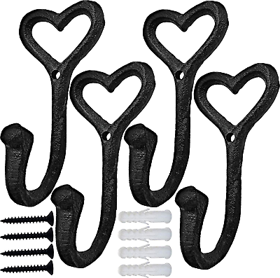 #ad Heavy Duty Coat Hooks 4Pcs Cast Iron Love Heart Shape Wall Hooks for Hanging Co $23.43