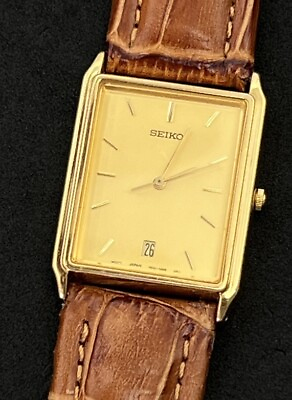 #ad Vintage 1998 SEIKO Tank Men’s 36mm Date Quartz Watch Gold Case Dial Tan Leather $175.00
