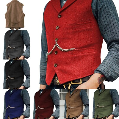 #ad Men Tweed Vest Vintage Cowboy Wool Waistcoat Herringbone Wedding Hunting XS 3XL $25.19