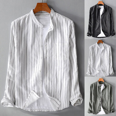 #ad Men Long Sleeve Retro Striped Shirt Collarless Grandad Casual Dress Shirts Tops❤ $13.73