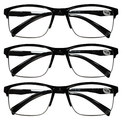 #ad 3 Packs Mens Unisex Half Frame Square Reading Glasses Black Spring Hinge Readers $10.59