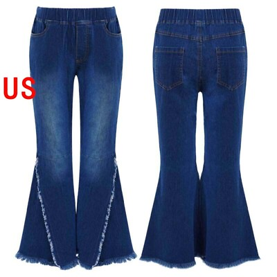 #ad US Kids Girls Denim Flare Pants High Waist Jeans Bell Bottoms Casual Trousers $17.24