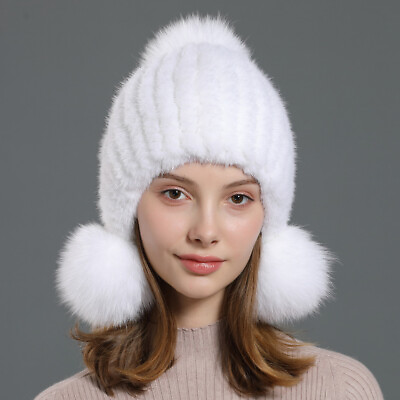 #ad Women Fashion Mink Fur Hat Female Real Fox Fur Ball Warm Ear Outdoor Hat $53.99
