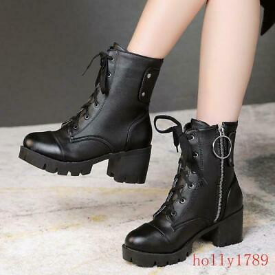 #ad Womens Round Toe Chunky Heel Lace Up Riding Ankle Boots Casual Shoes $48.40