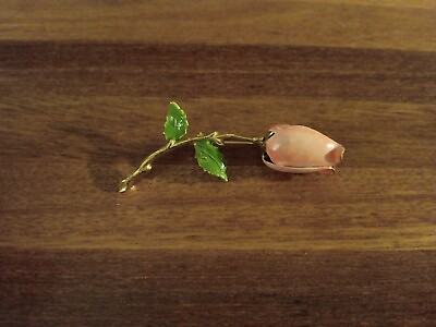 #ad Vtg. Tulip Rose Enamel Pun Gold Tone Pink Flower amp; Green Leaves 2 1 2quot; $14.98