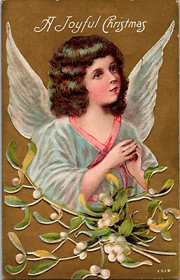#ad Antique Christmas Postcard Pretty Child Angel White Wings Robe Pray Mistletoe $6.99
