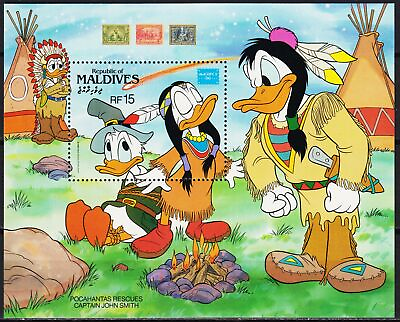 #ad Maldives 1986 Disney Pocahontas Donald Duck StampEx Cartoons Animation m s MNH $6.26