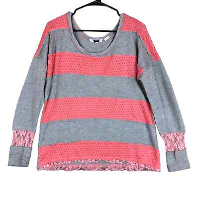 #ad Miss Me Womens Sweater Gray Pink Striped Scoop Neck Lace Long Sleeves Small $16.00