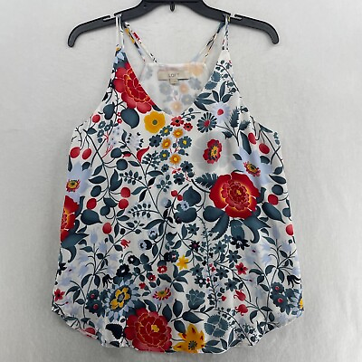 #ad Loft Tank Top Women#x27;s Sz S Blue Red Floral V Neck Spaghetti Strap Relaxed Fit $10.39