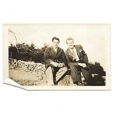 #ad Vintage Photo Affectionate Handsome Young Men Sitting Close On Stone Wall C1939 $9.49