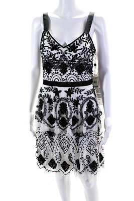 #ad Adrianna Papell Womens Mesh Sleeveless V Neck Tier Beaded Dress White Size 6 $42.69