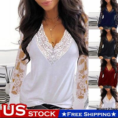 #ad Womens Lace V Neck Long Sleeve Blouse Pullover Ladies Casual T shirt Tops Tee US $16.92