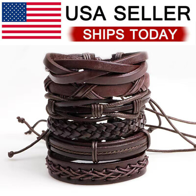 #ad 6PCS Braided Leather Brown Bracelet For Cuff Wrap Wristband Men Women Gift $9.99