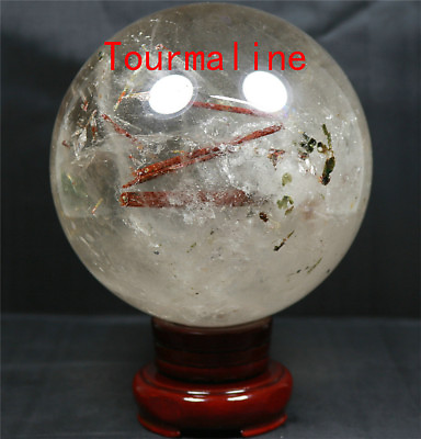 #ad 4.32lb NATURAL WHITE CLEAR QUARTZ CRYSTAL WITH TOURMALINE SPHERE BALL 115mm $287.99
