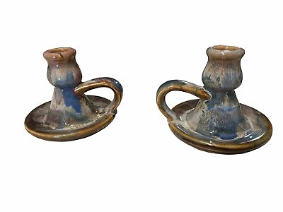 #ad Vtg Set of Drip Glaze Pottery Chamber Candlesticks Boho Eclectic Handmade B2:1 $55.00