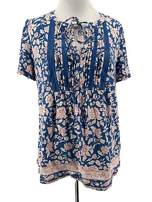 #ad Lucky Brand Women#x27;s Blue Floral Boho Short Sleeve Blouse Size Medium $15.00