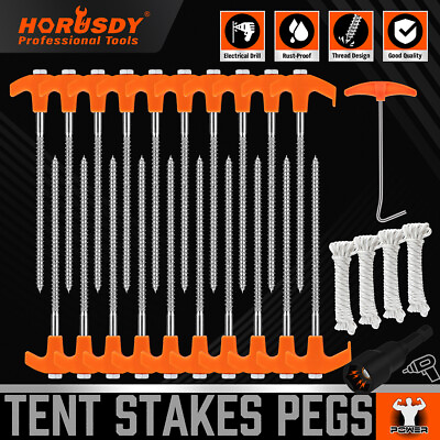 #ad 26PC Tent Stakes Pegs Camping Outdoor Steel Metal Nail 4x13FT Rope T Pull Hook $17.99