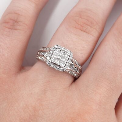 #ad 10K White Gold 3 Row Princess amp; Round Natural Diamond Engagement Ring 1.25 CTW $459.97