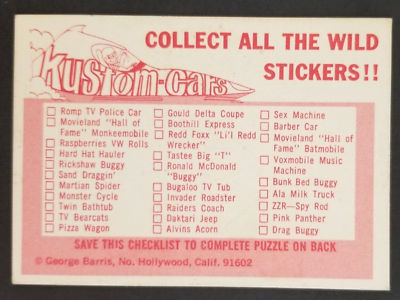 #ad Checklist 1975 Fleer George Barris Kustom Cars Card EX Minor Corner Wear $4.95