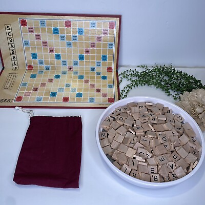 #ad Vintage 1999 Scrabble Board amp; 296 Wooden Tiles With Original Cloth Pouch Bag $15.00