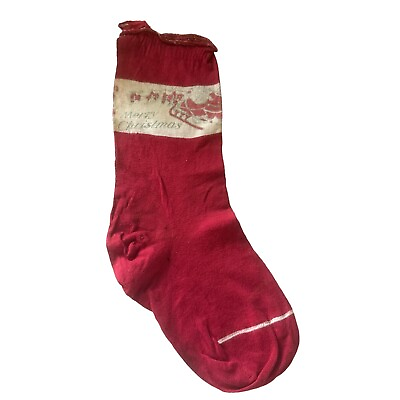 #ad Christmas Sock Vintage Santa Sleigh Cotton Stocking Shabby $34.99