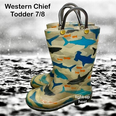 #ad Western Chief Toddler Gray Shark Chase Lighted Pull on Rain Boot Size 7 8 M $5.99
