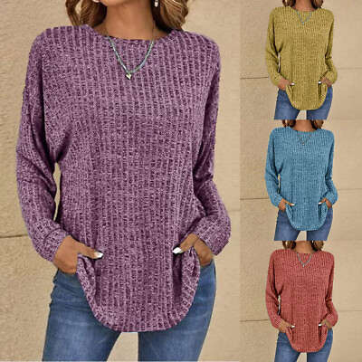 #ad Women Long Sleeve Ribbed Tees Blouse Casual Baggy Tops T Shirt Tunic Pullover US $14.39