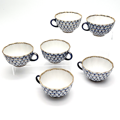 #ad Lomonosov Imperial Porcelain Tea Cups Cobalt Blue Gold Net Pattern USSR Set of 6 $119.97