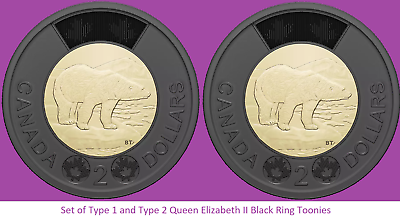 #ad Set of Type 1 and Type 2 Queen Elizabeth Black Ring Toonie. UNC Two Dollar Coin C $17.00