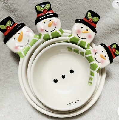 #ad Christmas Snowman 4 Piece 3D Sculpted Ceramic Nesting Measuring Cup Set Preowned $19.99
