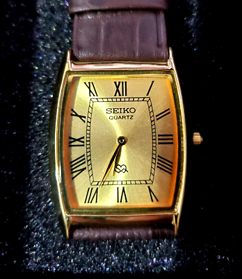 #ad RARE Vintage Men#x27;s Classic Tank Barrel Gold Champaign Satin Dial Watch $77.99