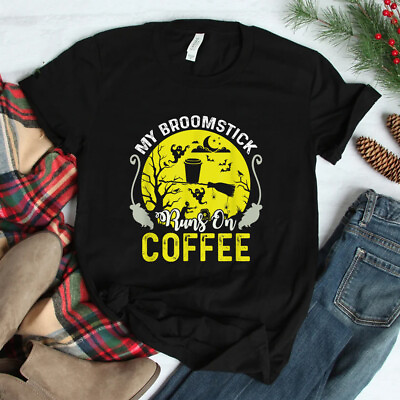#ad SALE My Broomstick Runs On Coffee Halloween Witch Flying T Shirt Size S 5XL $22.99